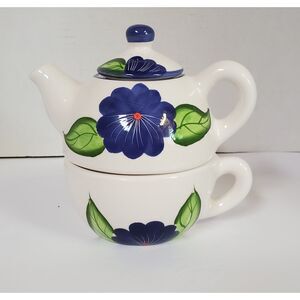Tea Pot 3 Piece Single Serve Ceramic With Hand Painted Blue Violets